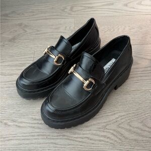 Steve Madden Black Loafers with Gold Buckle